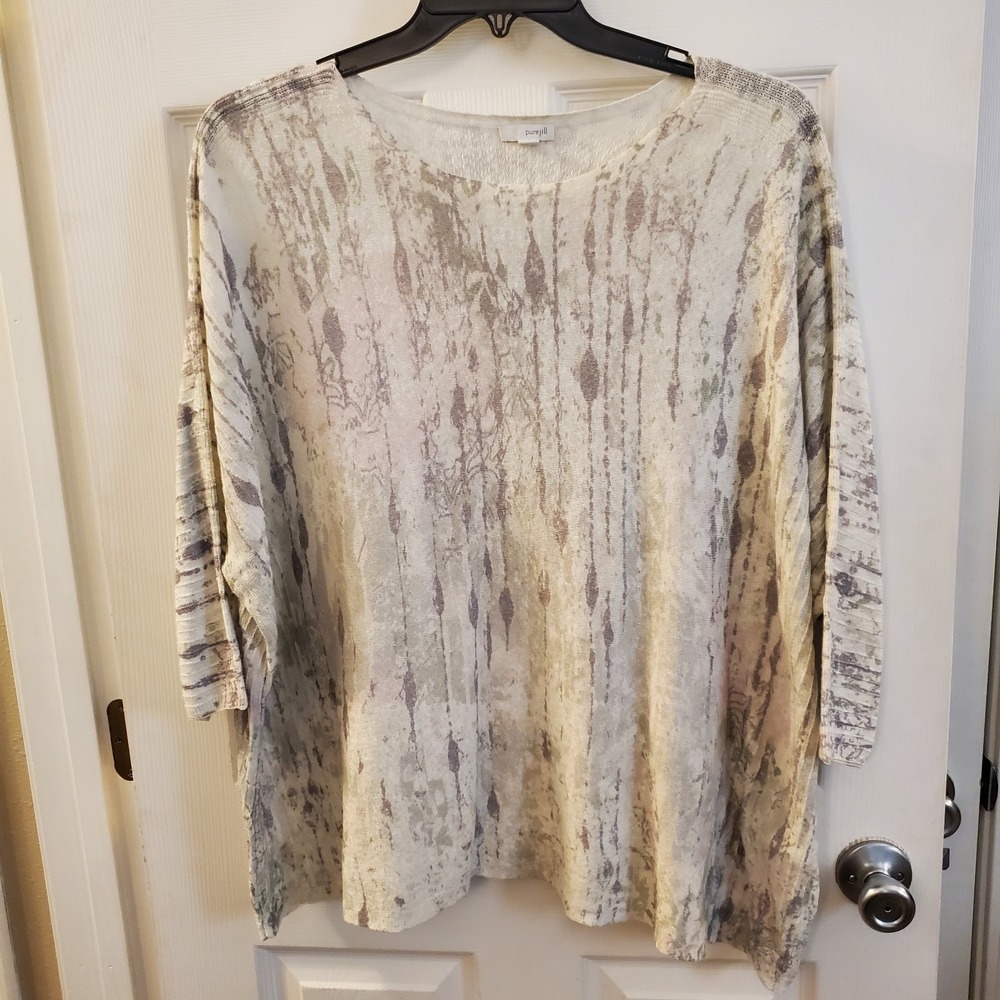 Pure Jill sz L linen/cotton oversize boxy shirt abstract artsy print 3/4 slv
